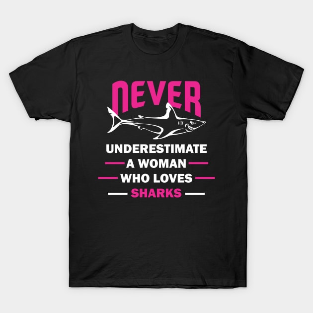 Never Underestimate a Woman Who Loves Sharks T-Shirt by imdesign